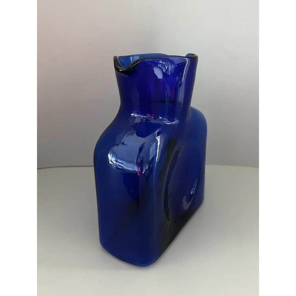 BLENKO Cobalt Blue Art Glass Double Spout Pitcher Vase Carafe 8